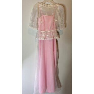 Vintage Maxi Dress Pink Sleeveless Gown White Lace Overlay & Puff Sleeves Homema